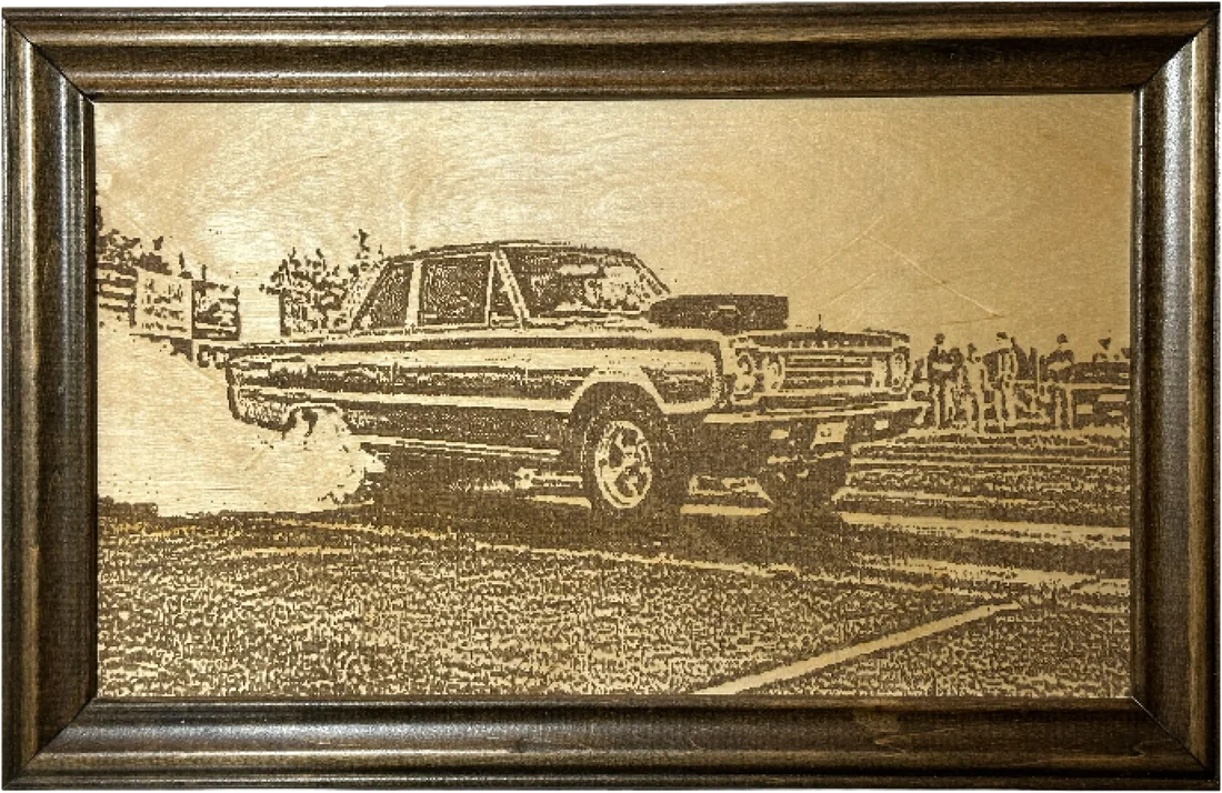 Laser-engraved photo of a vintage drag car, framed