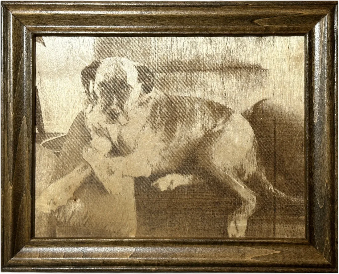 Laser-engraved photo of a bulldog, framed