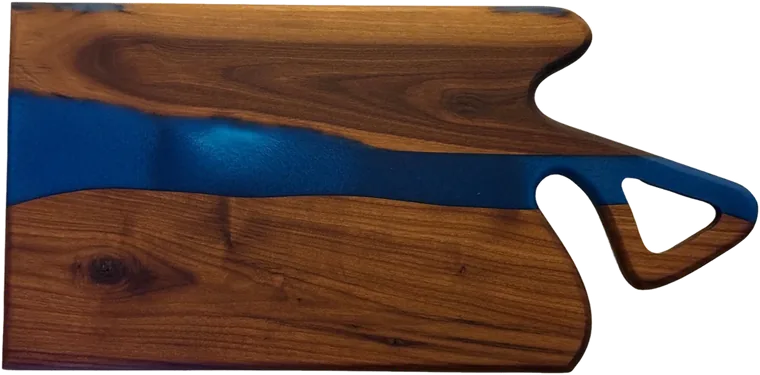 Live-edge walnut paddle board with blue resin handle